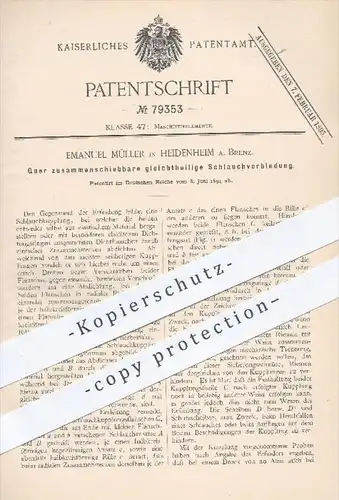 original Patent - Emanuel Müller , Heidenheim , 1894 , zusammenschiebbare gleichteilige Schlauchverbindung , Schlauch !!