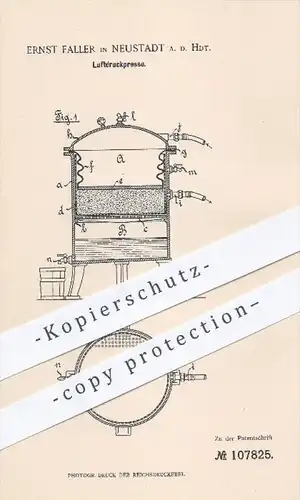 original Patent - Ernst Faller in Neustadt , 1899 , Luftdruckpresse , Presse , Pressen , Luftdruck , Druck , Luft !!!