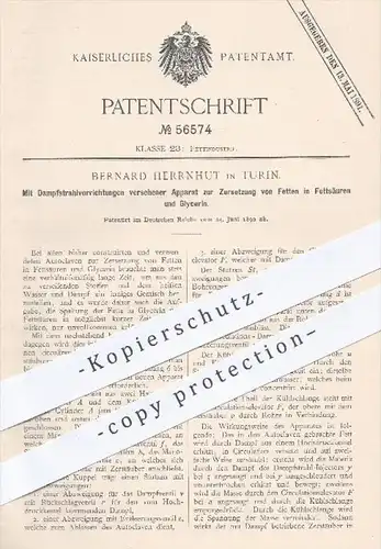 original Patent - Bernhard Herrnhut , Turin , 1890 , Zersetzung von Fetten in Fettsäure u. Clycerin mit Dampf !!!
