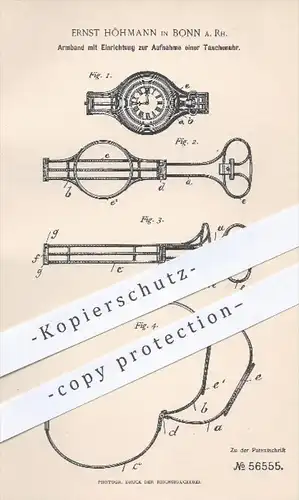 original Patent - E. Höhmann , Bonn , 1890 , Armband mit Taschenuhr , Uhr , Uhren , Uhrmacher , Goldschmied , Schmuck