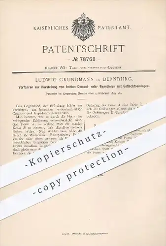 original Patent - L. Grundmann , Bernburg , 1894 , Zement- o. Gipsdielen mit Geflechtseinlagen / Zement , Gips , Beton !