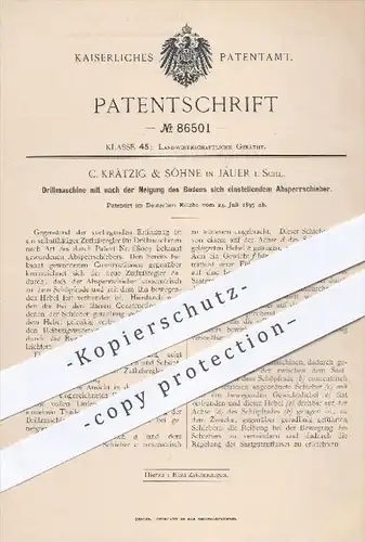 original Patent - C. Krätzig & Söhne , Jauer , 1895 , Drillmaschine mit Absperrschieber , Drillen , Landwirtschaft !!!