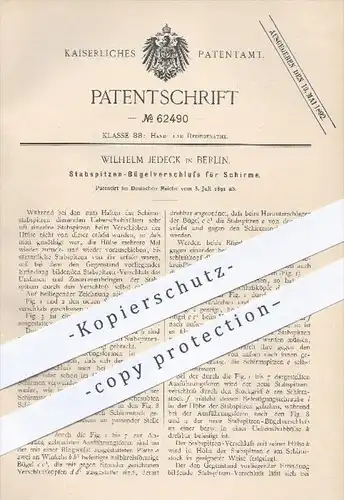 original Patent - Wilh. Jedeck , Berlin , 1891 , Stabspitzen - Bügelverschluss für Schirme , Regenschirm , Sonnenschirm