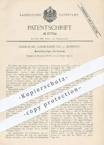 original Patent - Harburger Gummi - Kamm Co. , Hamburg 1890 , Mehrteiliger Reifkamm , Haarreif , Kämme , Haare , Friseur