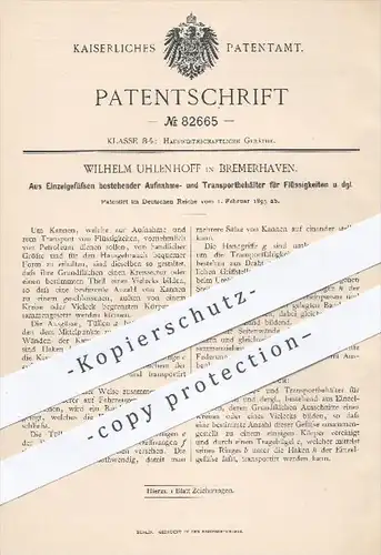 original Patent - Wilhelm Uhlenhoff , Bremerhaven , 1895 , Transportbehälter für Flüssigkeiten aus einzelnen Gefäßen !!!