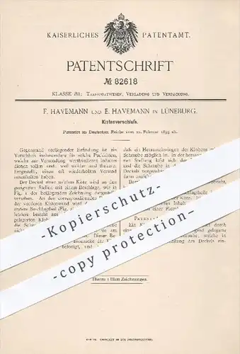 original Patent - F. & E. Havemann , Lüneburg , 1895 , Verschluss für Kisten , Kiste , Verpackung , Versand , Transport