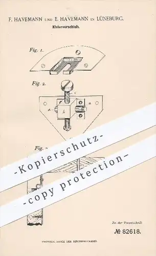 original Patent - F. & E. Havemann , Lüneburg , 1895 , Verschluss für Kisten , Kiste , Verpackung , Versand , Transport