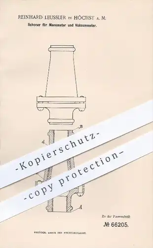 original Patent - R. Leussler , Höchst / Main , 1892 , Schoner für Manometer u. Vakuummeter , Vakuum , Bronze , Kessel !