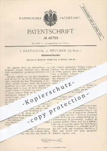 original Patent - J. Nastainzik , Beuthen , O.-Schl. , 1888 , Schlammaufbereiter , Schlamm , Erz , Erze , Wasser !