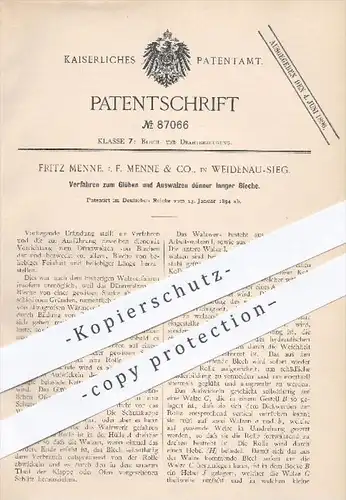 original Patent - Fritz Menne , Menne & Co. , Weidenau - Sieg , 1894 , Glühen u. Auswalzen langer Bleche , Blech , Draht