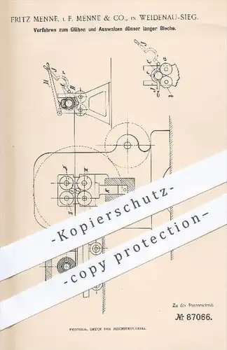 original Patent - Fritz Menne , Menne & Co. , Weidenau - Sieg , 1894 , Glühen u. Auswalzen langer Bleche , Blech , Draht