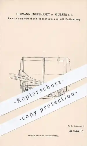 original Patent - H. Engelhardt , Wurzen , 1897 , Zweikammer - Drehschiebersteuerung mit Entlastung , Dampfmaschinen !!!