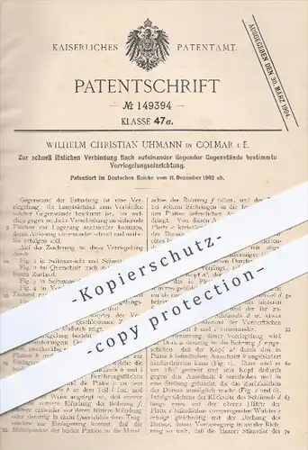 original Patent - W. Ch. Uhmann , Colmar , 1902 , Verriegelung u. Verbindung für aufeinander liegende Gegenstände