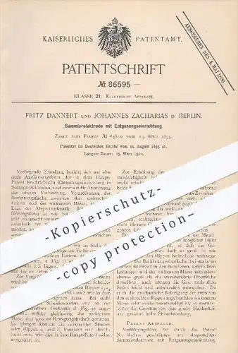 original Patent - F. Dannert , Joh. Zacharias , Berlin , 1895 , Sammelelektrode mit Entgasung , Elektrode , Strom , Gas