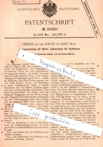 Original Patent  - Dèsirè van den Haute in Gent, Belg. , 1906 , Sperrvorrichtung für Hähne !!!