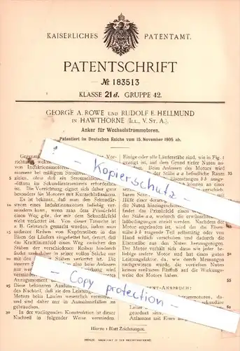 Original Patent  - G. A. Rowe und R. E. Hellmund in Hawthorne , 1905 , Wechselstrommotoren !!!