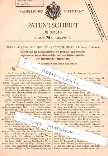 Original Patent  - Frank Alexander Breeze in Forest Mills , Ontario, Canada , 1906 , !!!