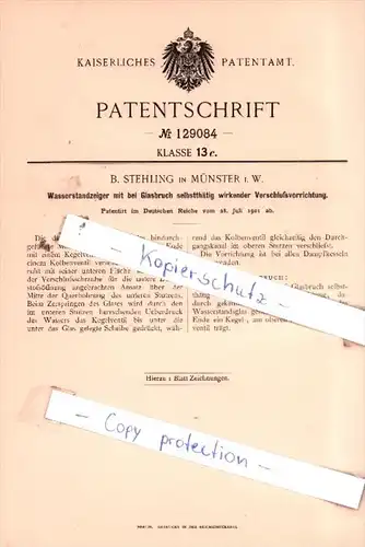 Original Patent  - B. Stehling in Münster i. W. , 1901 , Wasserstandzeiger !!!