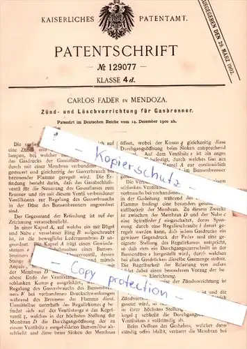 Original Patent  - Carlos Fader in Mendoza , 1900 , Zünd- und Löschvorrichtung für Gasbrenner !!!