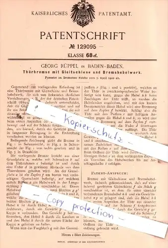 Original Patent  - Georg Rüppel in Baden-Baden , 1900 , Thürbremse mit Gleitschiene !!!