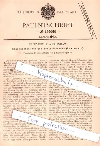 Original Patent  - Fritz Rumpf in Potsdam , 1901 , Schankgefäß für gemischte Getränke !!!