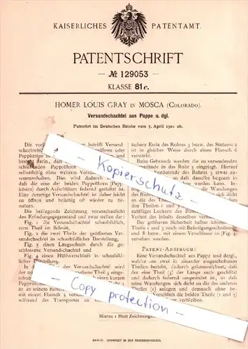 Original Patent  - Homer Louis Gray in Mosca , Colorado , 1901 , Versandschachtel aus Pappe !!!