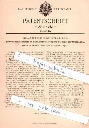 Original Patent  - Hugo Bremer in Neheim a. d. Ruhr , 1899 , Elektroden für Bogenlampen !!!