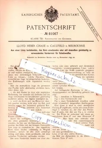 Original Patent  - L. Heber Chase in Caulfield b. Melbourne , 1893 , Schusswaffen und Geschosse !!!