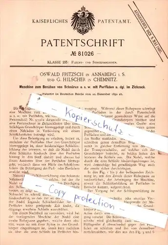 Original Patent  - Oswald Fritzsch in Annaberg i. S. und G. Hilscher in Chemnitz , 1892 , !!!