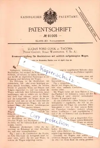 Original Patent  -  Lucian Ford Cook in Tacoma , 1893 , Bremsvorrichtung für Hochbahnen !!!