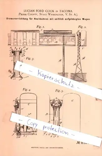 Original Patent  -  Lucian Ford Cook in Tacoma , 1893 , Bremsvorrichtung für Hochbahnen !!!