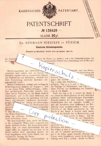 Original Patent  -  Dr. Hermann Nieriker in Zürich , 1902 , Elastische Betäubungsmaske !!!