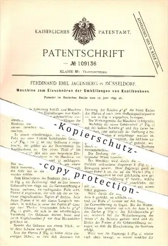 original Patent - F. E. Jagenberg , Düsseldorf , 1899 , Maschine zum Einschnüren der Umhüllungen von Knallbonbons