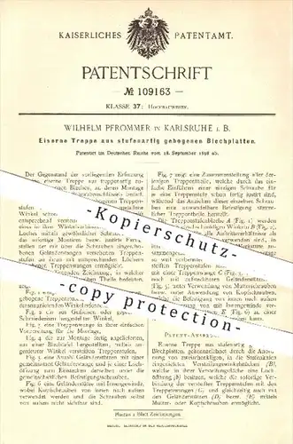 original Patent - Wilhelm Pfrommer in Karlsruhe , 1898 , Eiserne Treppe aus stufenartig gebogenen Blechplatten , Treppen