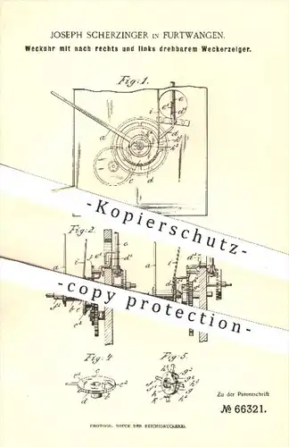 original Patent - J. Scherzinger , Furtwangen , 1892 , Weckuhr mit drehbarem Weckerzeiger , Wecker , Uhr , Uhrwerk !!