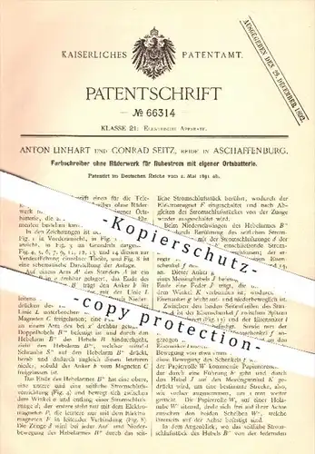 original Patent - A. Linhart , C. Seitz / Aschaffenburg , 1891 , Farbschreiber ohne Räderwerk für Ruhestrom mit Batterie