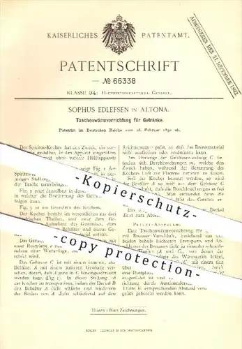 original Patent - Sophus Edlefsen , Hamburg Altona , 1892 , Taschenwärmvorrichtung für Getränke , Spiritus - Kocher !!!