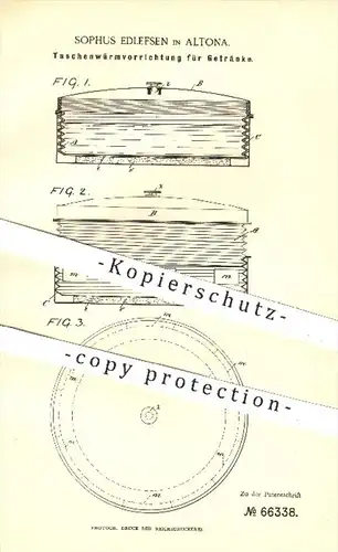 original Patent - Sophus Edlefsen , Hamburg Altona , 1892 , Taschenwärmvorrichtung für Getränke , Spiritus - Kocher !!!