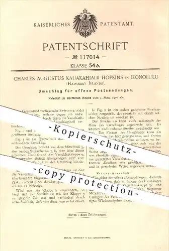 original Patent - Ch. Aug. Kauakahialii Hopkins , Honolulu , Hawaii , 1900 , Umschlag für offene Postsendungen , Kuvert