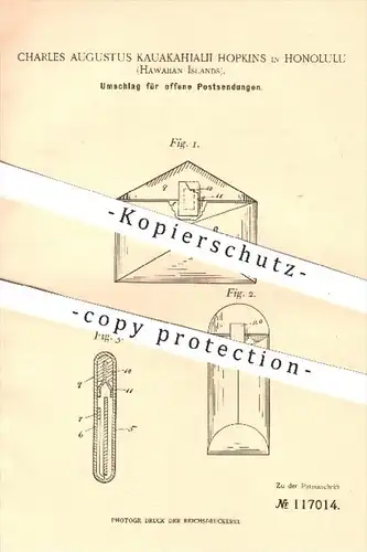 original Patent - Ch. Aug. Kauakahialii Hopkins , Honolulu , Hawaii , 1900 , Umschlag für offene Postsendungen , Kuvert