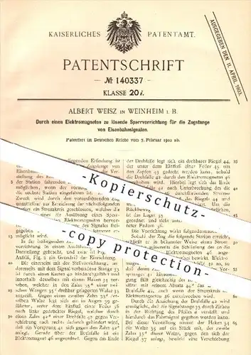 original Patent - A. Weisz , Weinheim 1902 , Durch Elektromagneten zu lösende Sperrvorrichtung für Eisenbahnsignale !!!