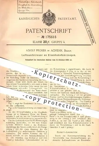 original Patent - A. Pfoser , Achern , 1905 , Luftsandstreuer an Eisenbahnen , Eisenbahn , Druckluftbremse , Notbremse