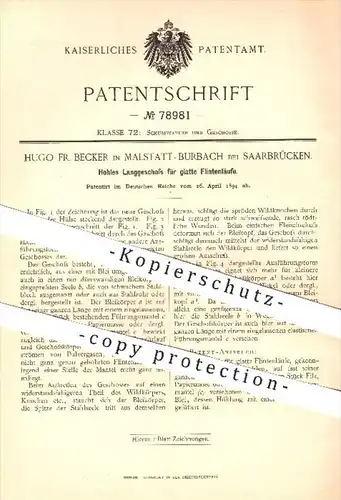 original Patent - H.  F. Becker , Malstatt - Burbach / Saarbrücken  1894 , Langgeschoss für glatten Flintenlauf , Gewehr