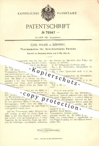 original Patent - Carl Haase in Kemberg , 1894 , Thermometer für tierärztliche Zwecke , Tier , Tiere , Tierarzt , Arzt