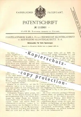 original Patent - Porzellanfabrik Kahla , Hermsdorf - Klosterlausnitz , 1898 , Stützisolator für hohe Spannungen , Strom