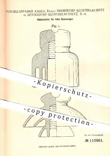 original Patent - Porzellanfabrik Kahla , Hermsdorf - Klosterlausnitz , 1898 , Stützisolator für hohe Spannungen , Strom