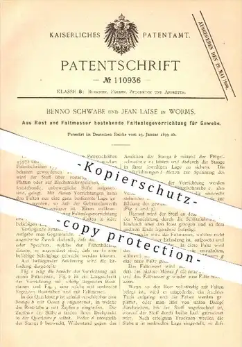 original Patent - Benno Schwabe , Jean Laise , Worms , 1899 , Faltenlegevorrichtung für Gewebe aus Rost u. Faltmesser !!