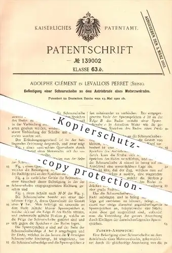 original Patent - Adolphe Clément , Levallois Perret , Seine , 1902 , Schnurscheibe am Antriebrad vom Motorrad !!!
