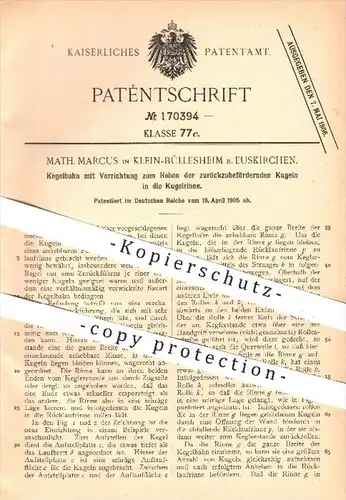 original Patent - M. Marcus , Klein-Büllesheim / Euskirchen , 1905 , Kegelbahn , Kegel , Kegeln , Bowling , Sport !!
