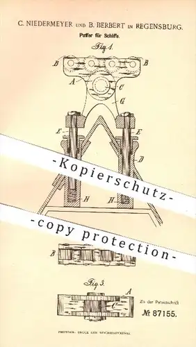 original Patent - C. Niedermeyer , B. Berbert , Regensburg , 1895 , Puffer für Schiffe , Schiff , Schiffbau , Bug  Ruder